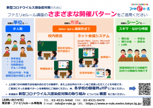 新型コロナウィルス感染症対策にためにファミリeルール講座が行っている、さまざまな開催パターンを紹介するチラシ